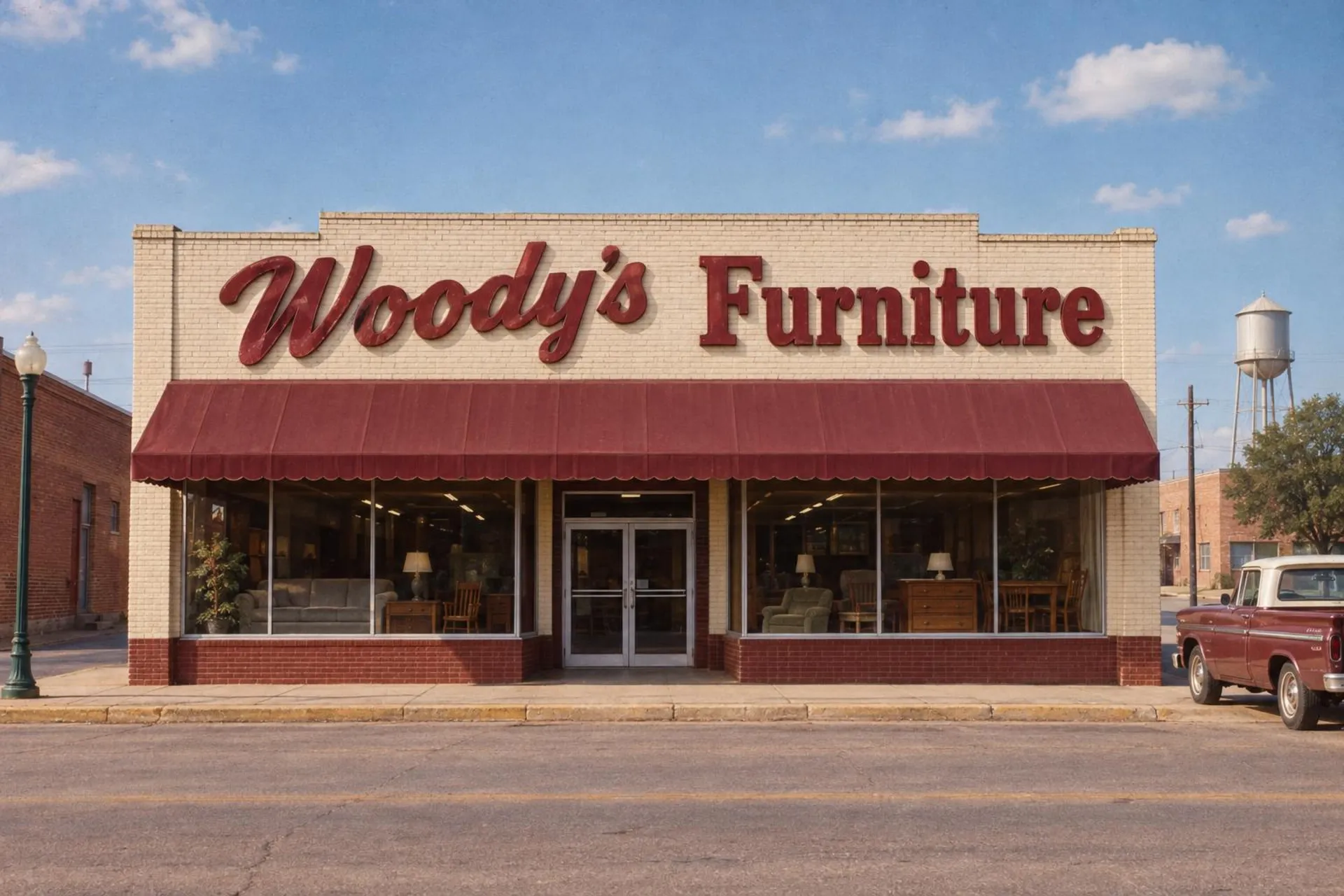 The Woody's Furniture storefront on the courthouse square in Dumas, Texas